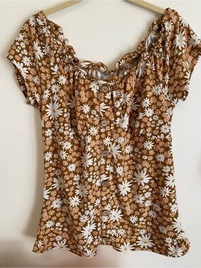 Brown Floral Wooden Button Up Top